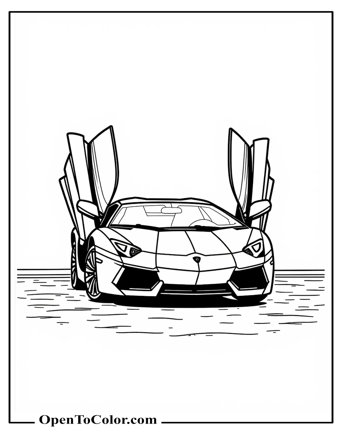 Printable coloring page of a Lamborghini Aventador with scissor door raised on a flat surface.