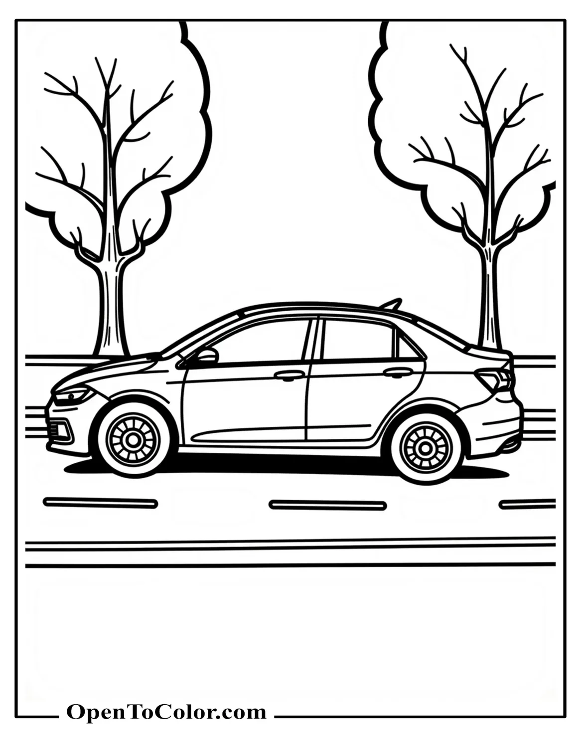 Compact sedan coloring page PDF side view on a city street with lane lines and two trees