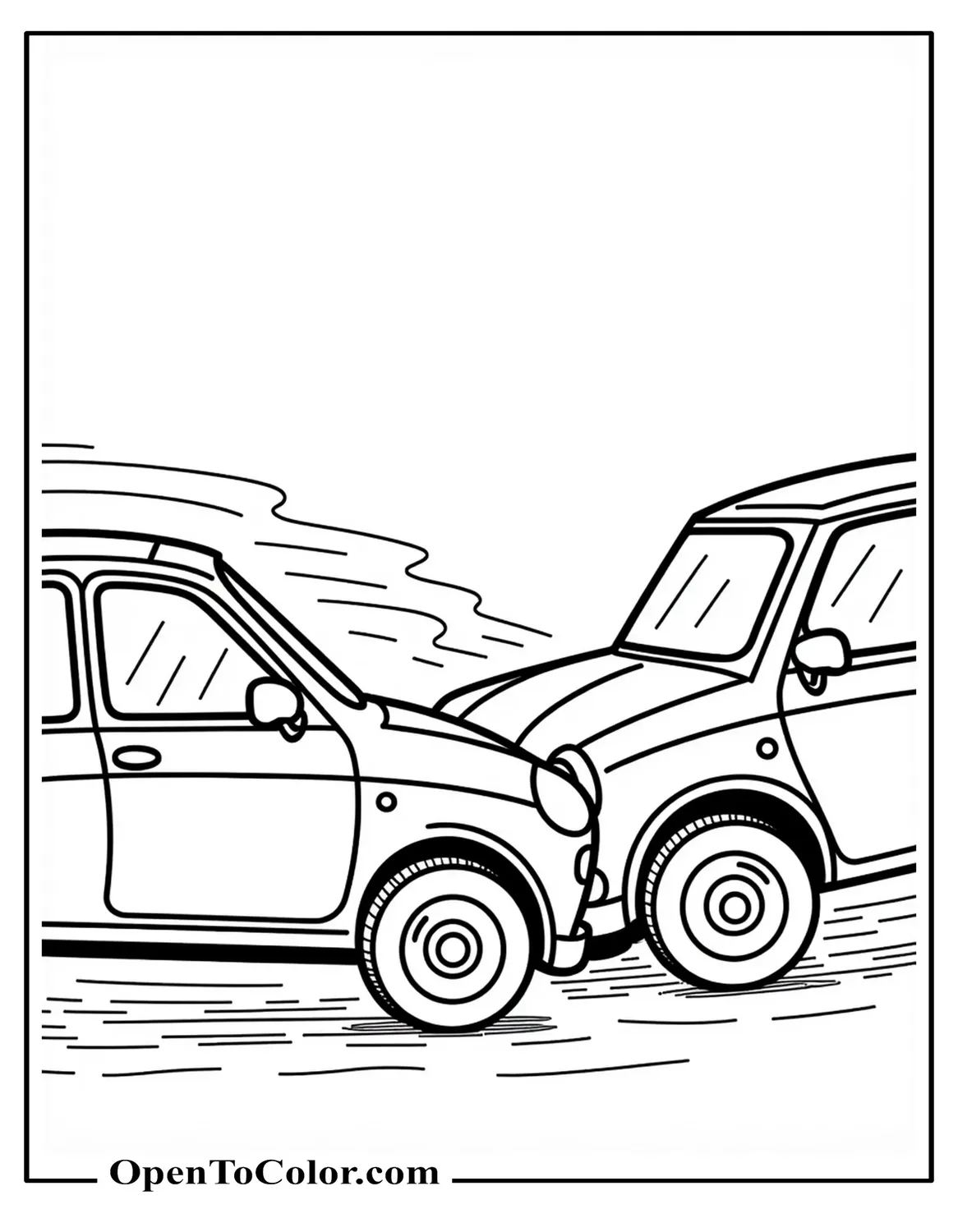 Printable Coloring Page of Two Compact Cars in a Gentle Fender-Bender with Skidding Lines and No People