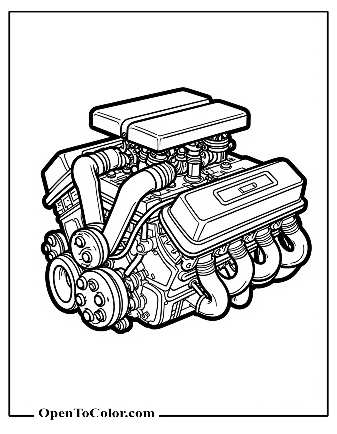 Free Detailed V8 Engine Coloring Page Front View Showing Intake, Headers, and Belts