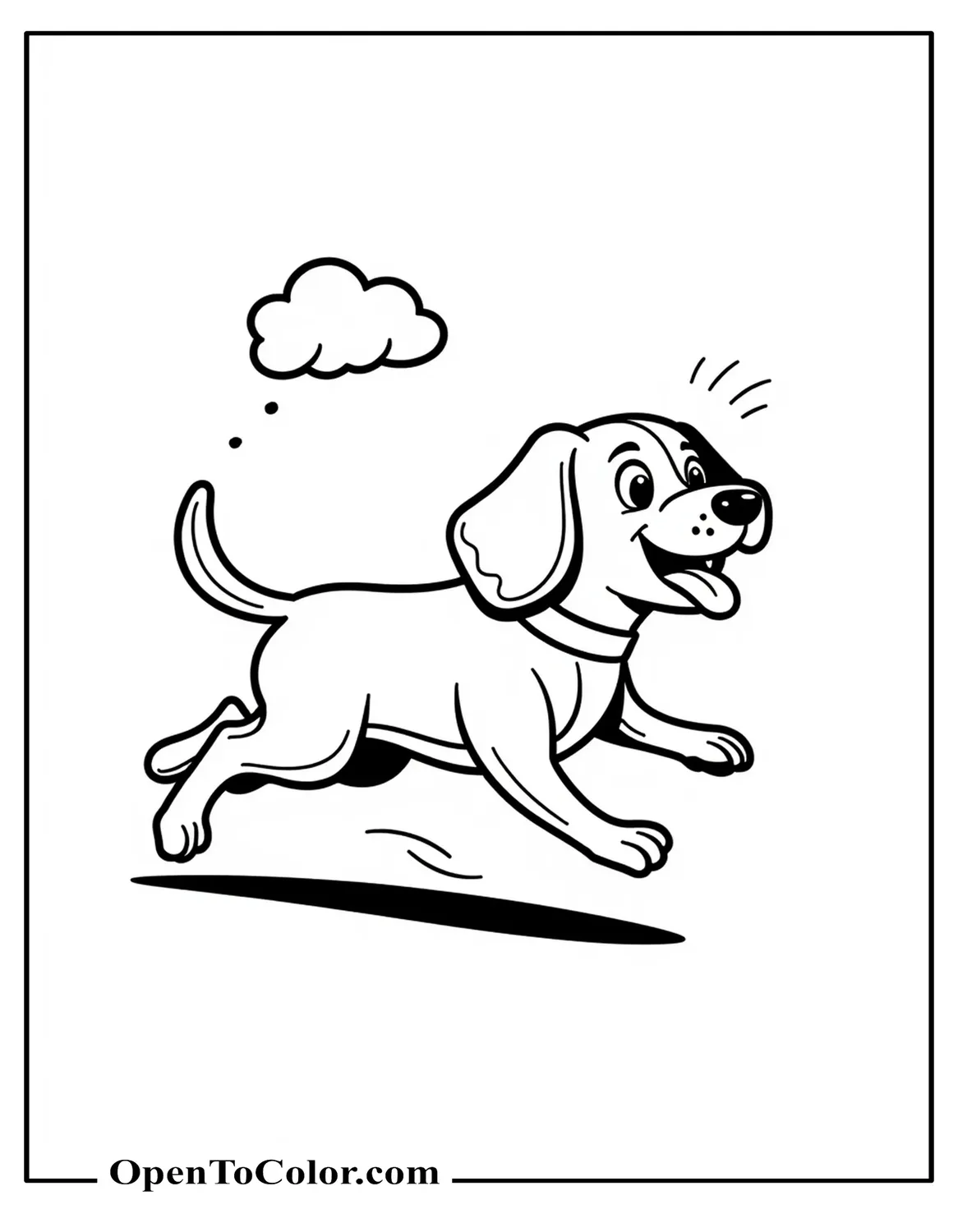 Cartoon Beagle Coloring Page Running With Tongue Out, Printable Motion Lines Behind And A Tiny Cloud Puff