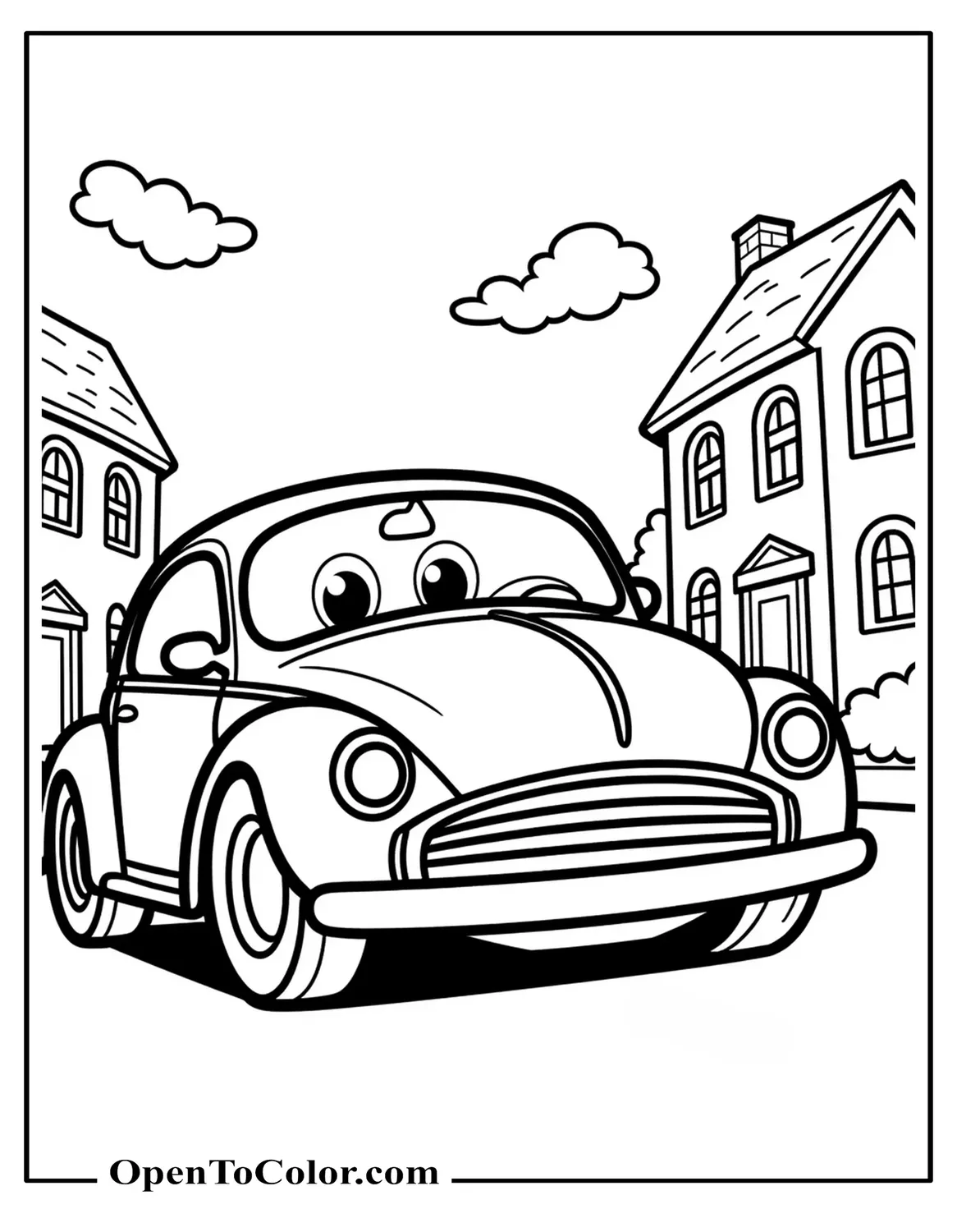 Free Coloring Sheet of Cartoon Coupe with Eyes on the Windshield Driving Past Simple Houses