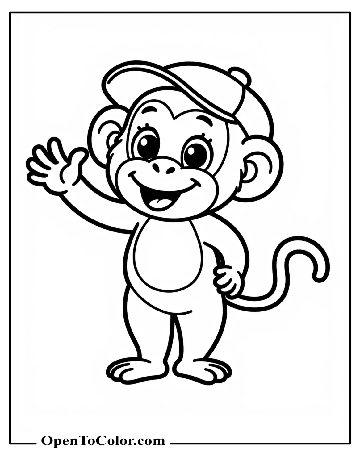 Cartoon Disney Chibi Style Chimpanzee Wearing A Cap And Waving Coloring Sheet Printable