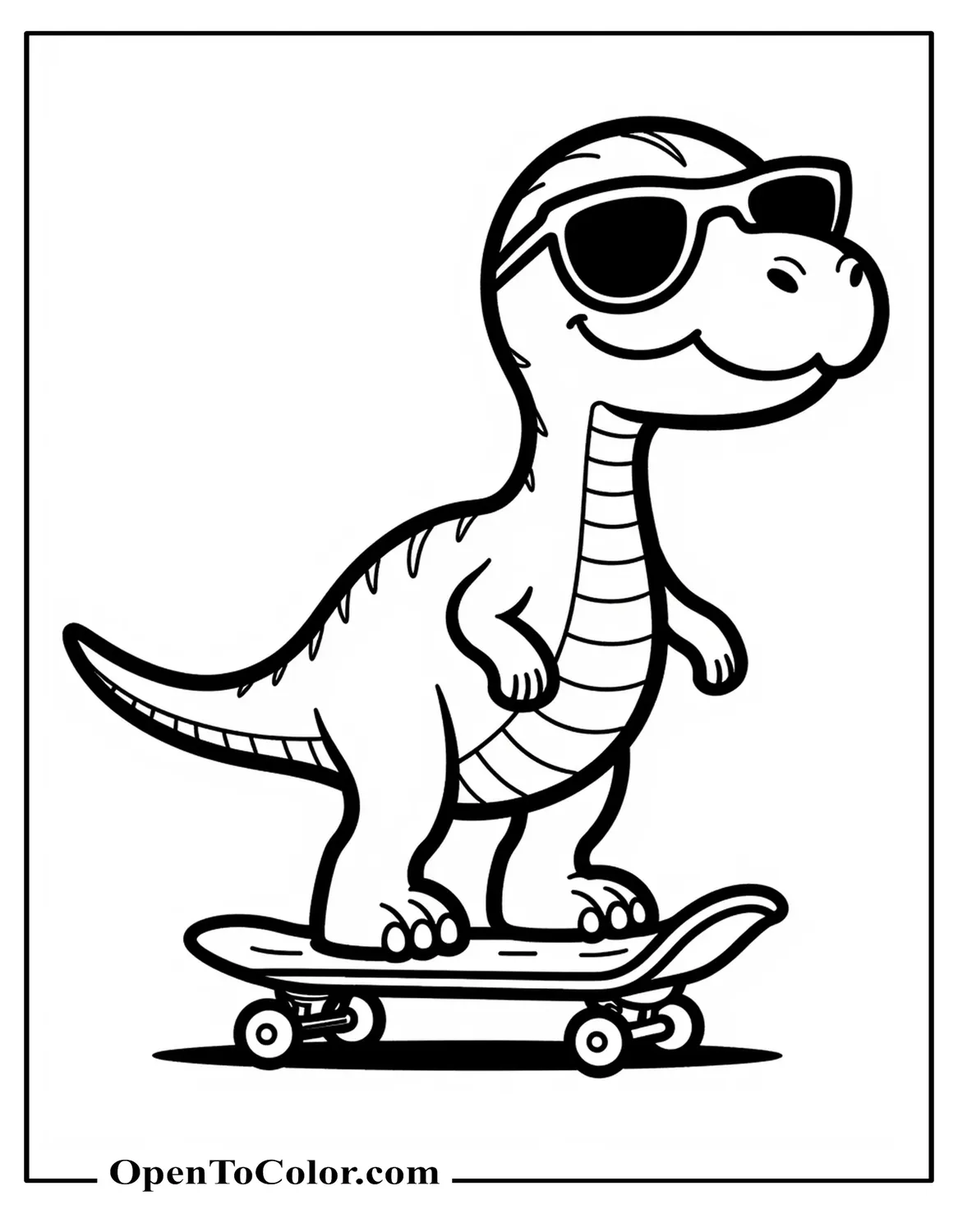 Cartoon Parasaurolophus on a Skateboard Wearing Sunglasses Coloring Sheet PDF