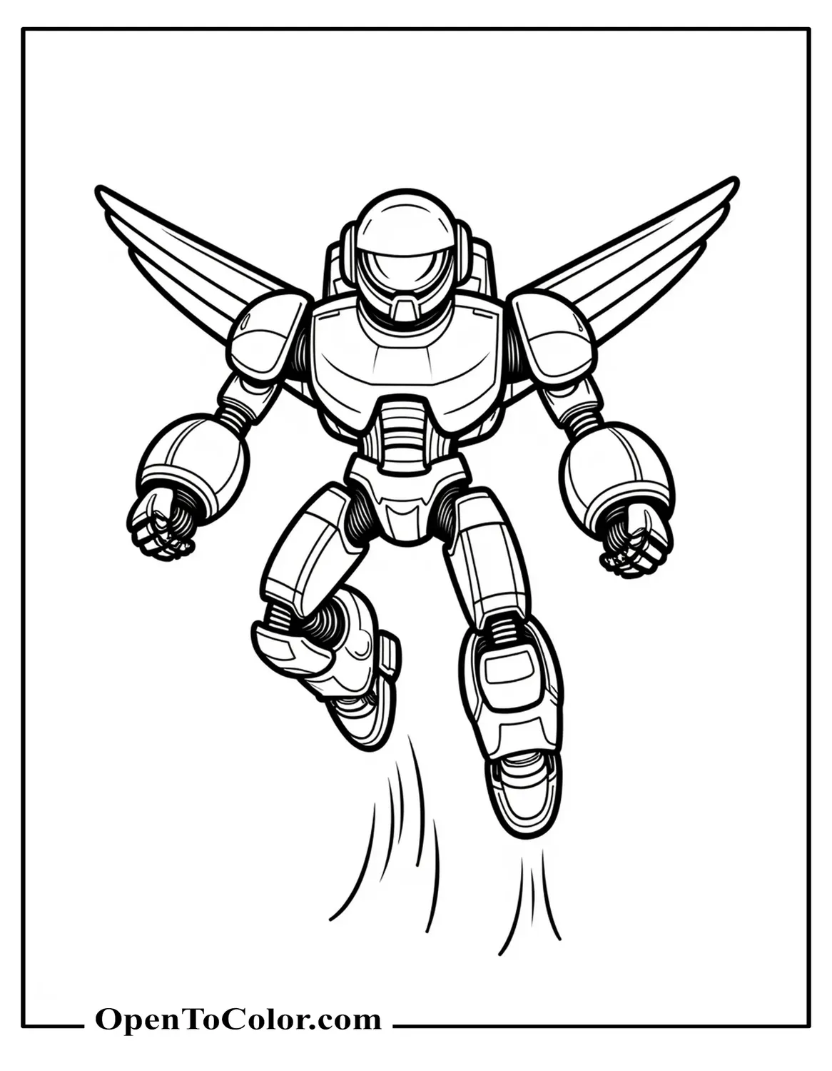 Free Coloring Page of Cartoon Flying Robot with Jet Thrusters Zooming Upward