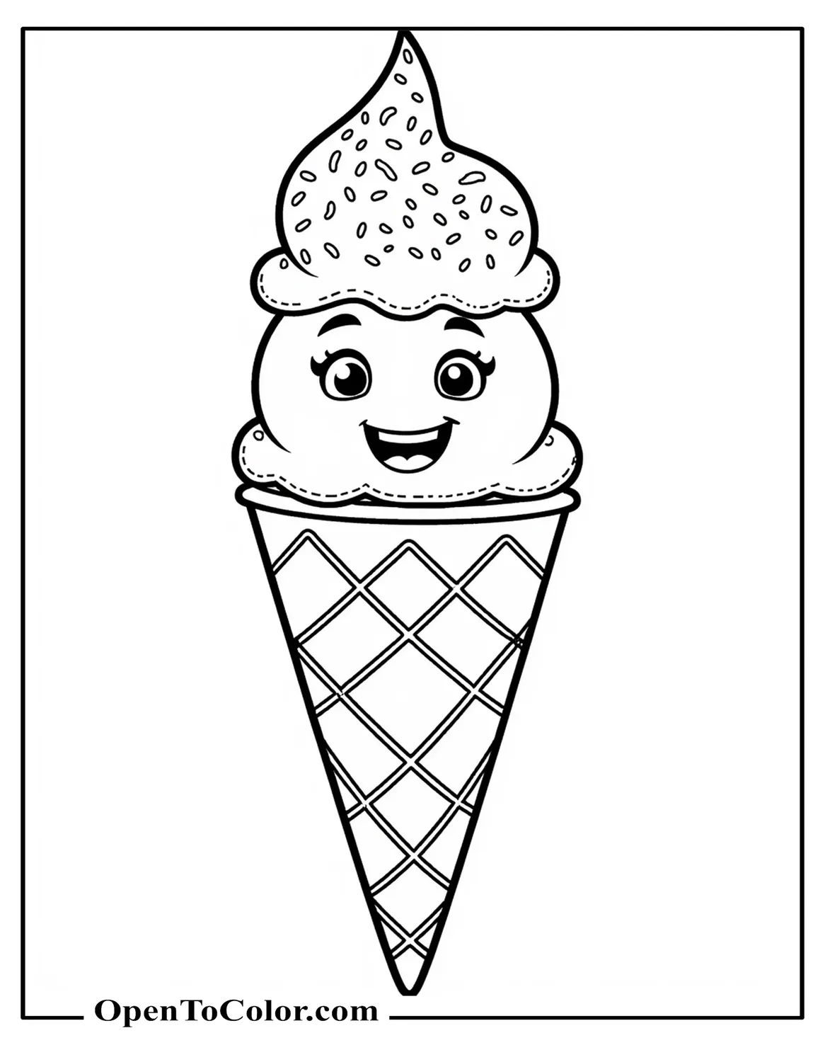 A Cartoon Double-Scoop Cone With A Cheerful Face, Exaggerated Scoops And Big Sprinkles As Line Art Only, Coloring Sheet PDF.