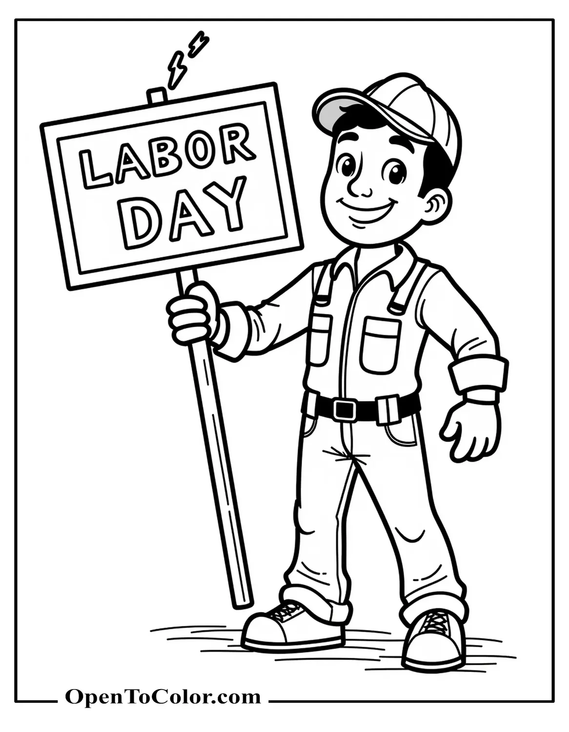 Free Coloring Page of a Friendly Electrician Holding a Lightning-Bolt “Labor Day” Sign