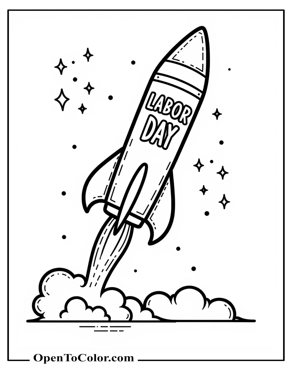 Free Coloring Sheet of a Detailed Cartoon Rocket Launching, Labeled “Labor Day”