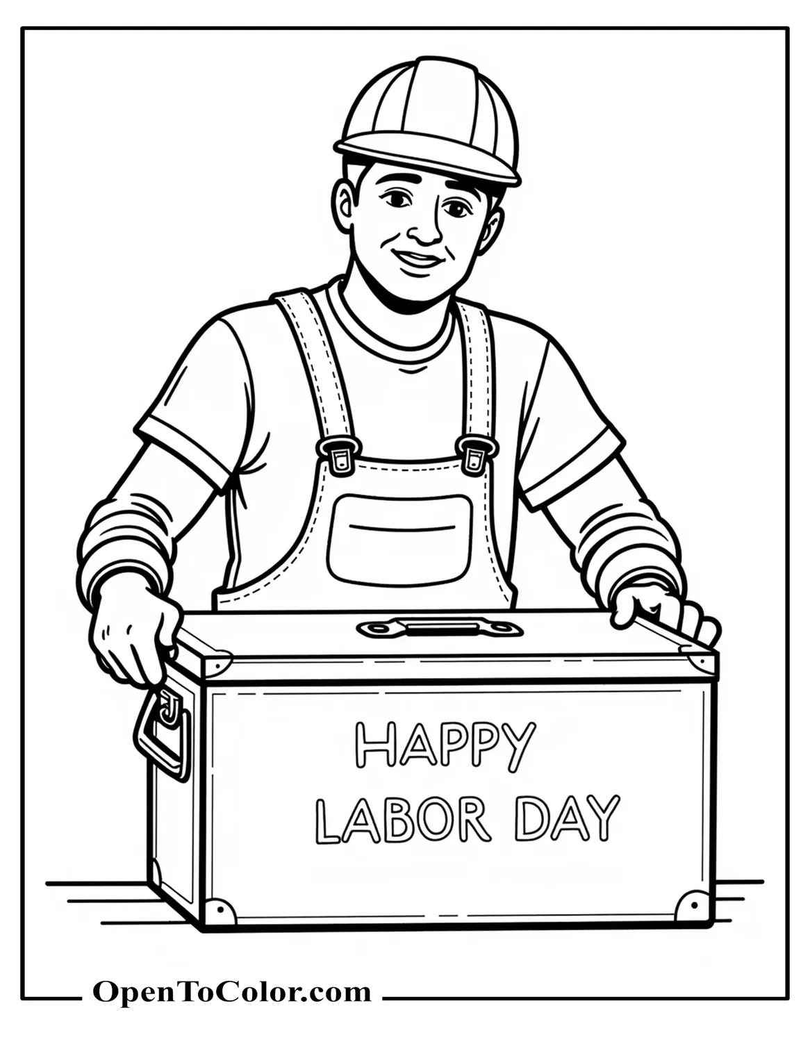 Free Coloring Sheet of Toolbox With “Happy Labor Day” Engraved On The Lid In Empty Letters