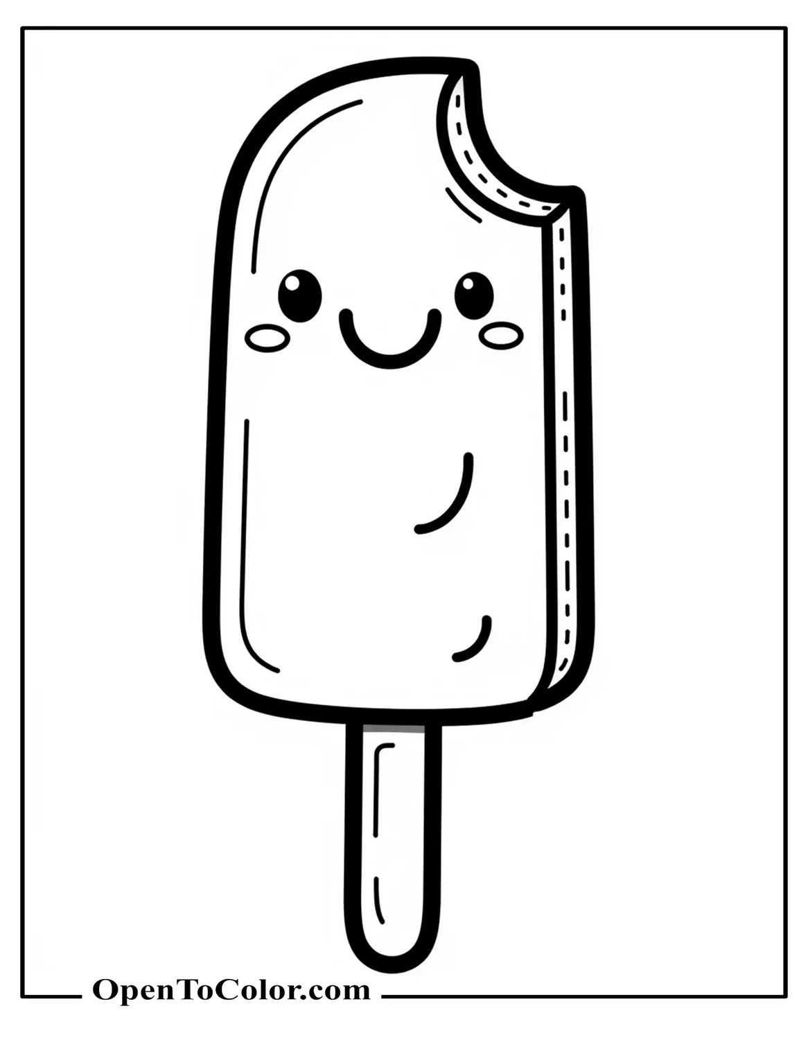 A Cartoon Popsicle With A Happy Face And Bite Mark At The Corner, Sized Large For Young Kids To Color, Free Coloring Page.