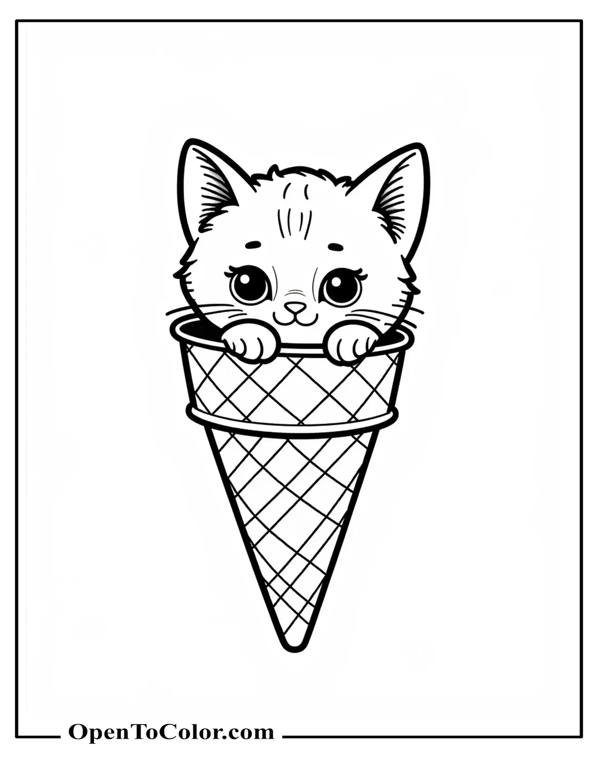 Coloring Sheet PDF of Kitten Nestled Inside an Empty Ice Cream Cone with Head Sticking Out