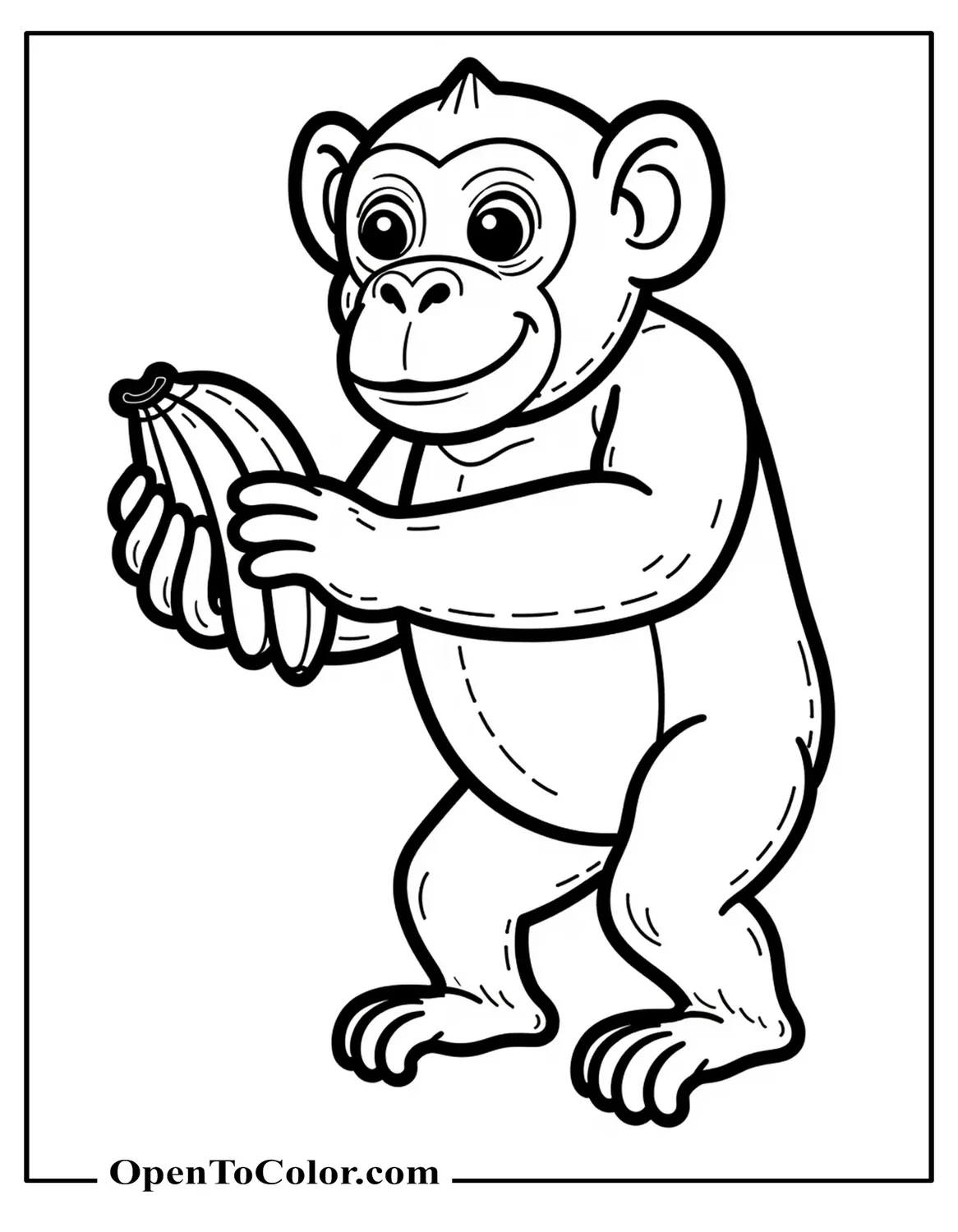 Free Coloring Sheet: Chimpanzee Holding a Bunch of Bananas