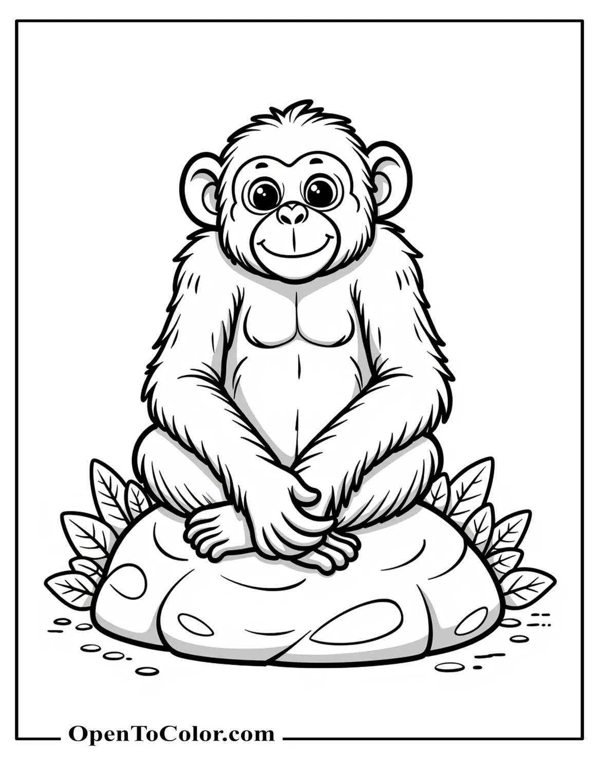 Chimpanzee sitting cross-legged on a rock, front view, small leaves around, coloring page PDF.
