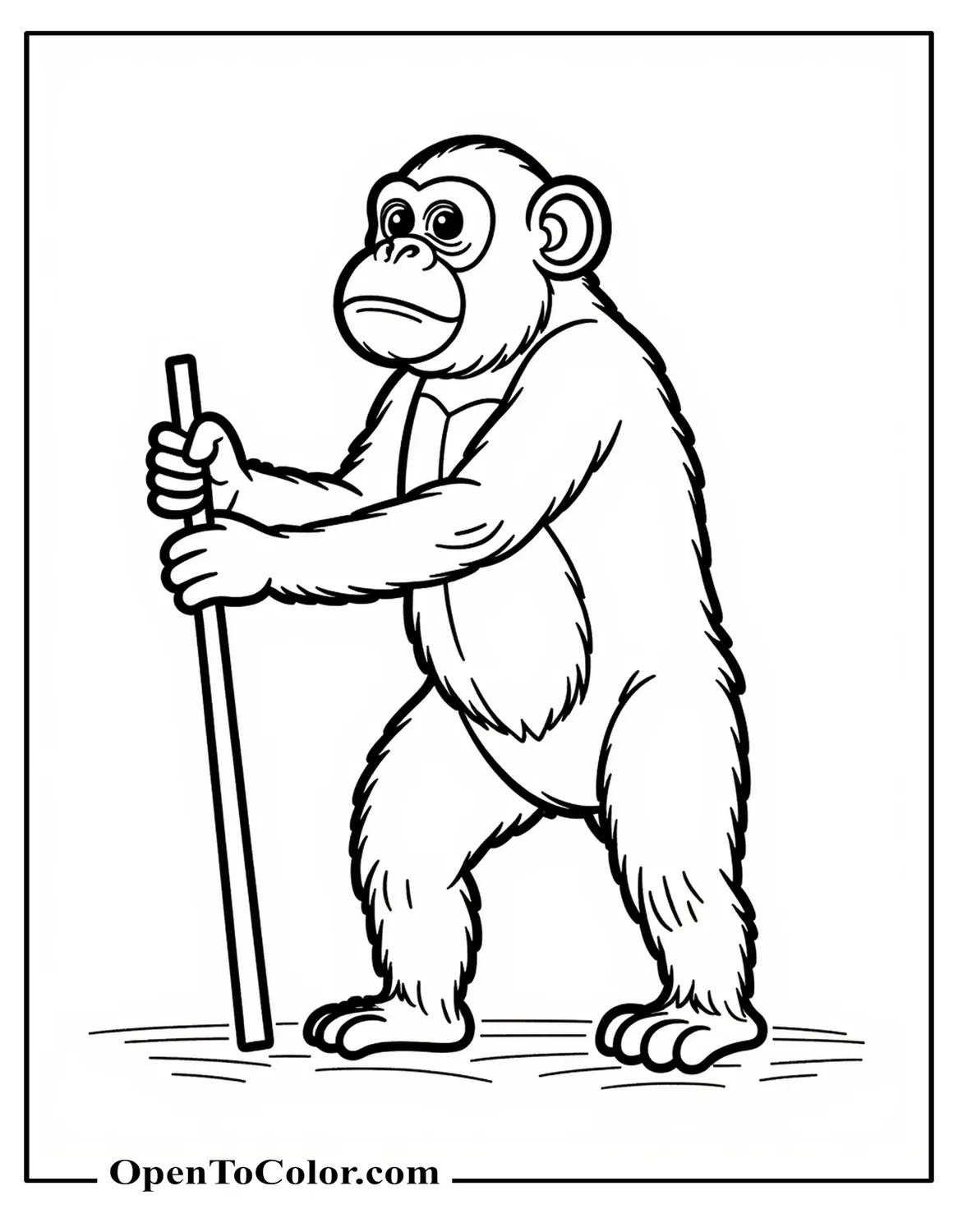 Chimpanzee standing side view holding a short stick, ground line under feet, printable coloring sheet.