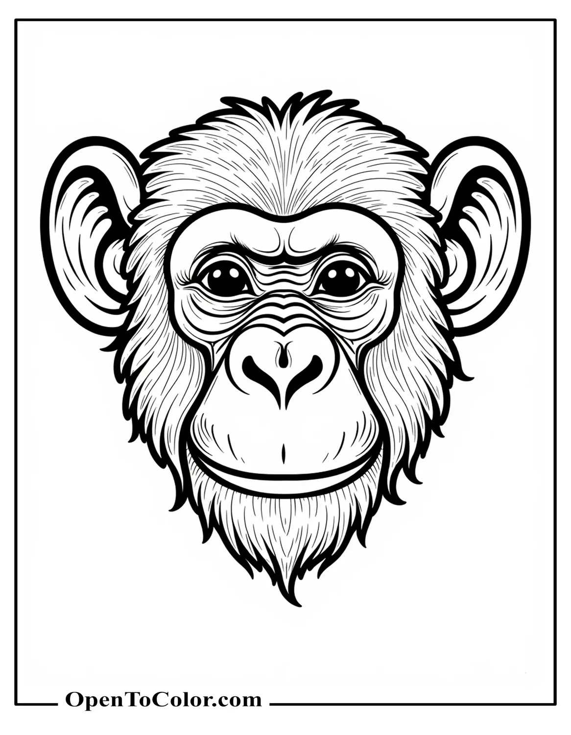 Close-up chimpanzee face centered, front view with wide ears and short hair, coloring sheet PDF.