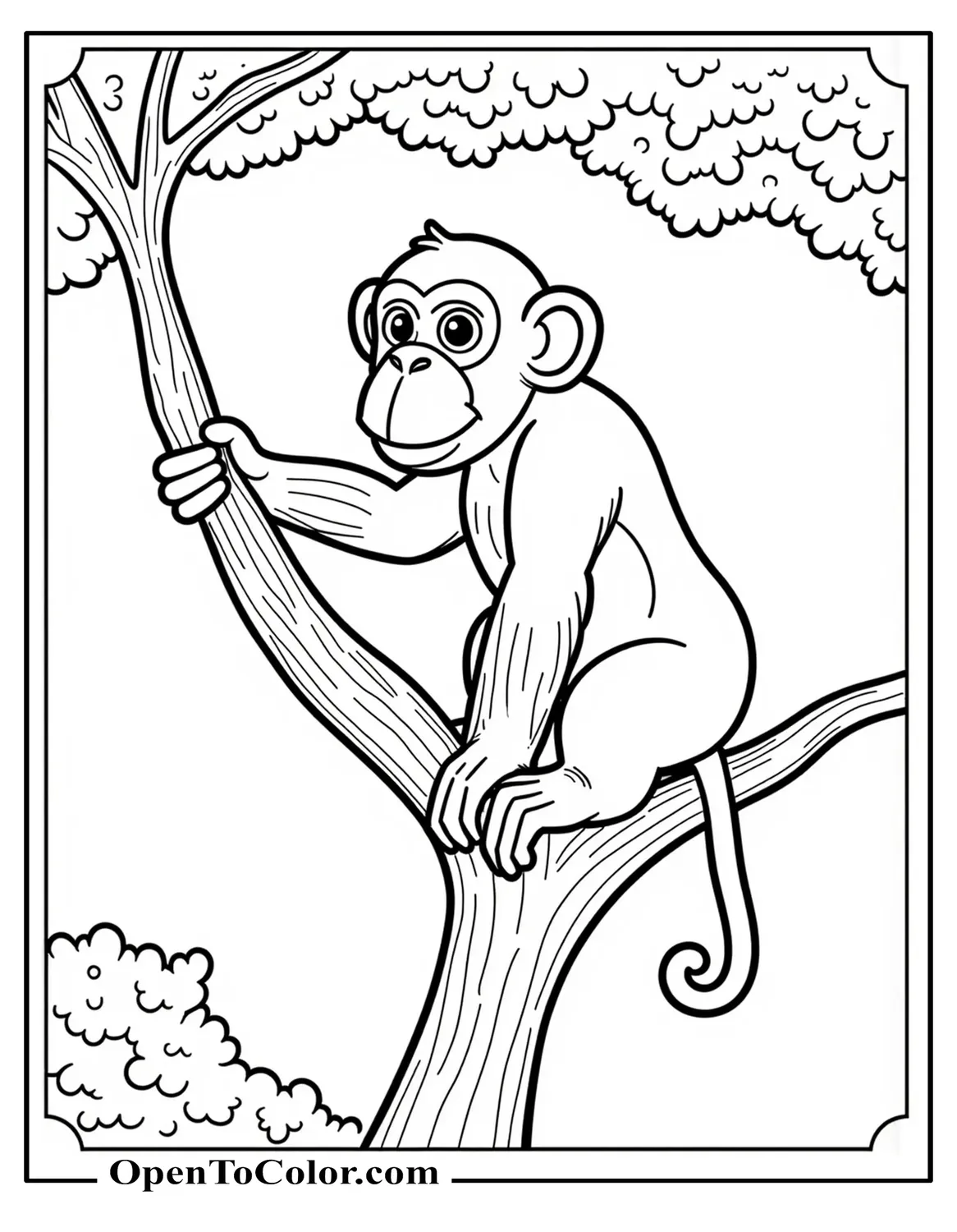 Chimpanzee Coloring Page, Perched On A Tree Branch, Tail Hanging, Side View, Printable