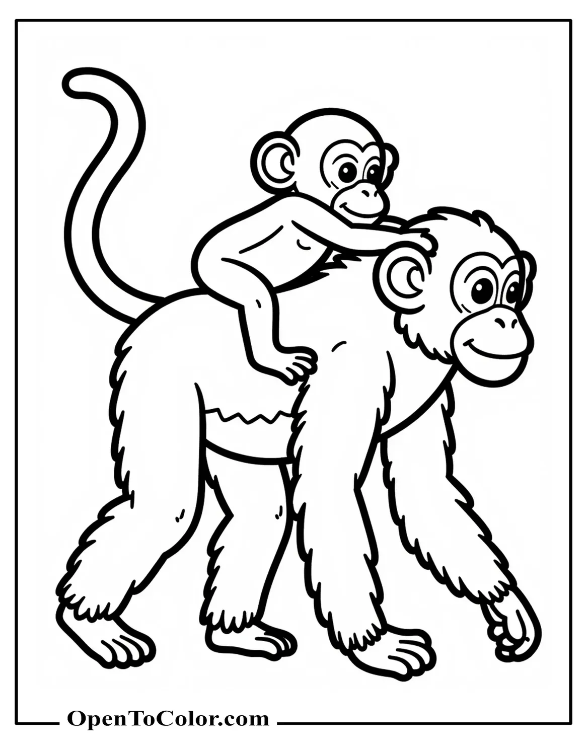 Mother Chimpanzee Walking With Baby Riding On Her Back Coloring Sheet Printable