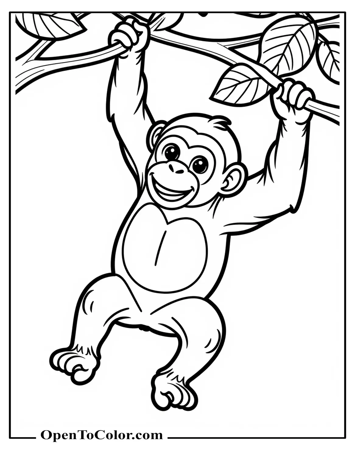 Chimpanzee Hanging By One Arm From A Vine, Knees Bent, Smiling, Printable Coloring Page