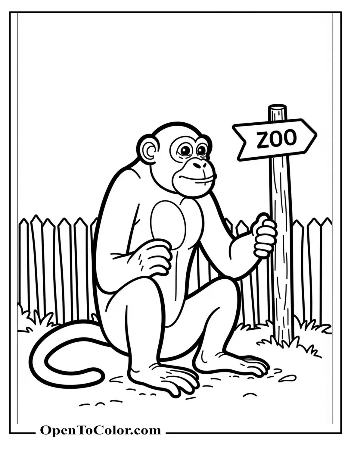Free Coloring Page: Chimpanzee Sitting Near a Short Fence with a Post Sign Labeled Zoo
