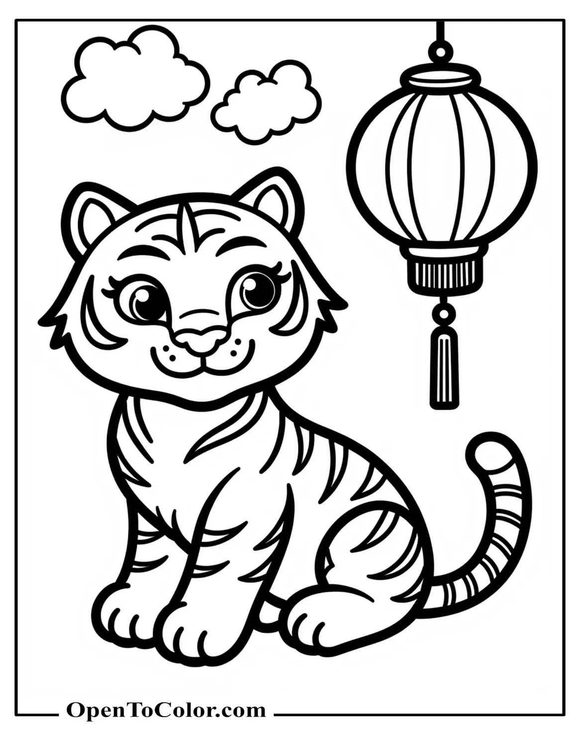Chinese Style Tiger Beside A Lantern With Simple Cloud Swirls, Coloring Page, Printable