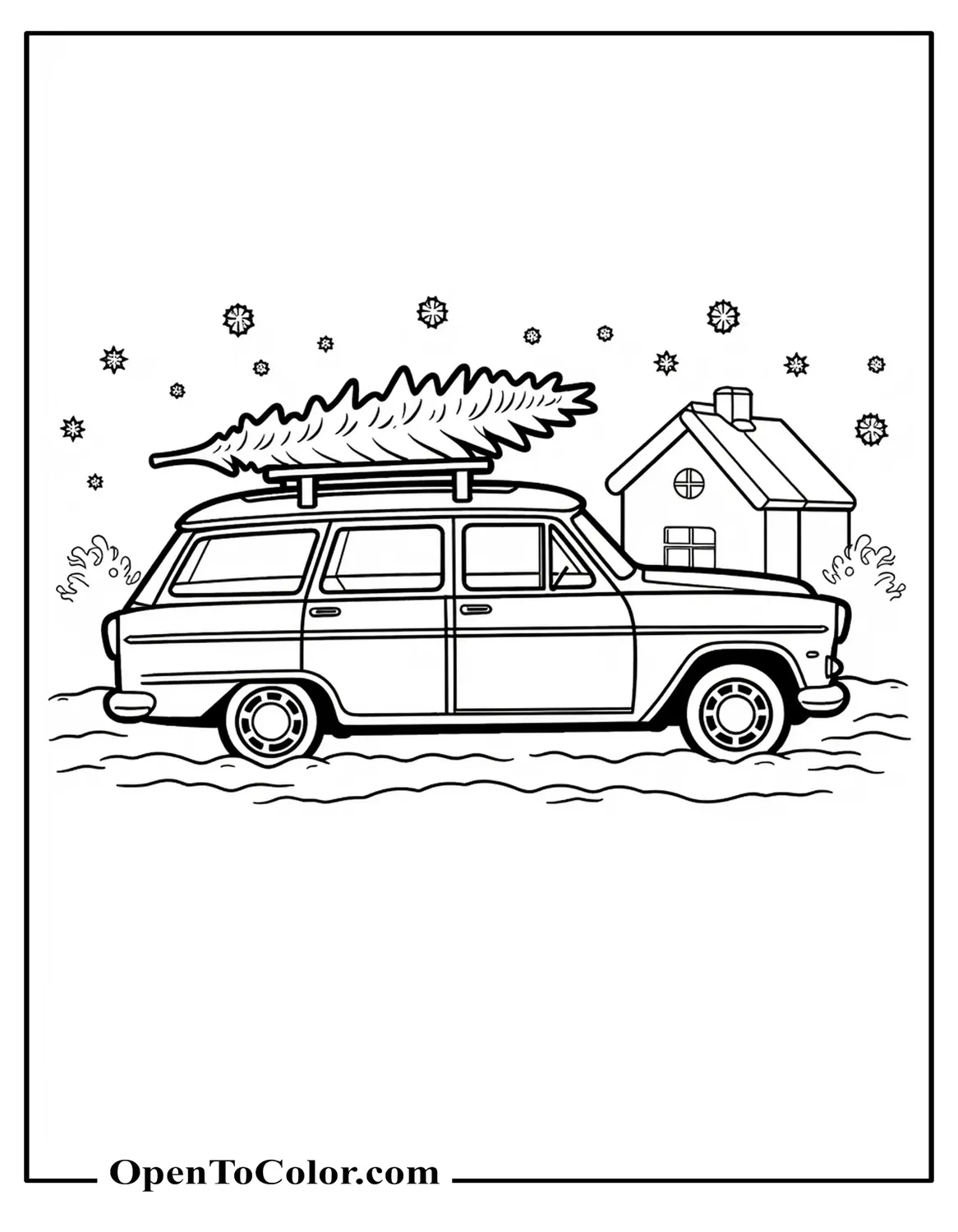 Free Coloring Sheet of Station Wagon with a Tree Tied on the Roof, Snowflakes, and a Small House Outline