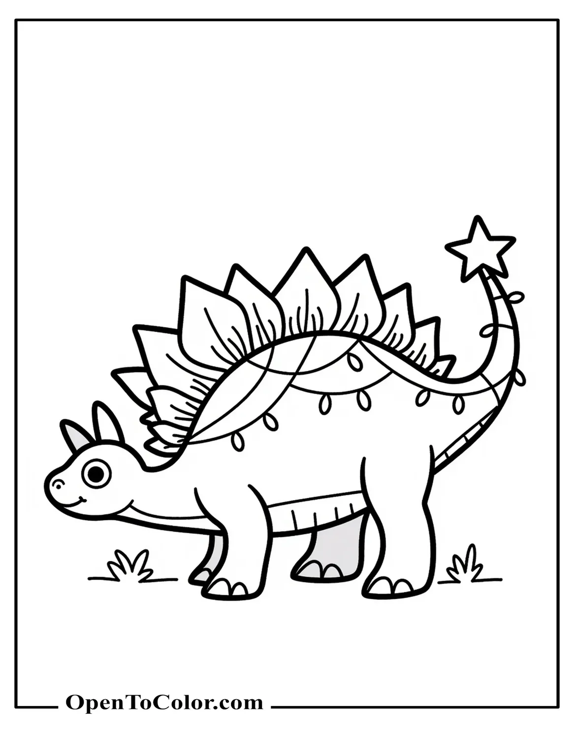 Stegosaurus Wrapped In String Lights With A Star On Tail Tip Coloring Sheet PDF
