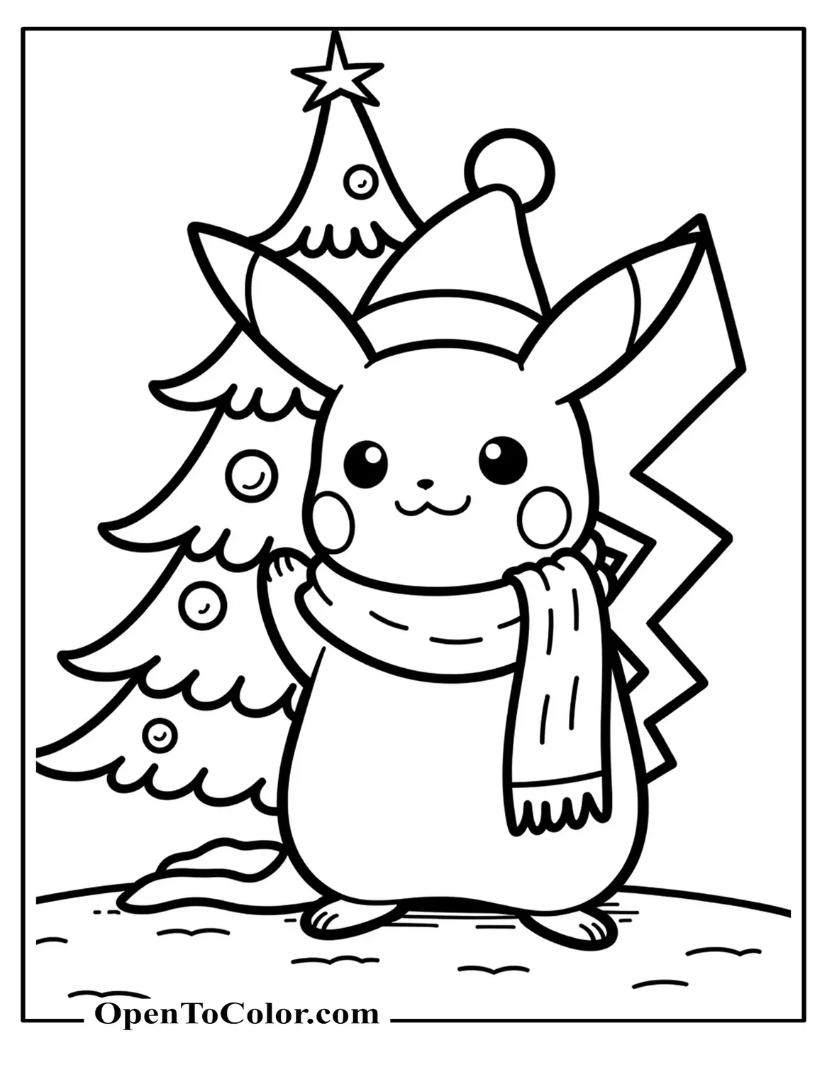 Free Coloring Sheet: Pikachu Wearing a Scarf and Santa Hat Beside a Decorated Pine Tree