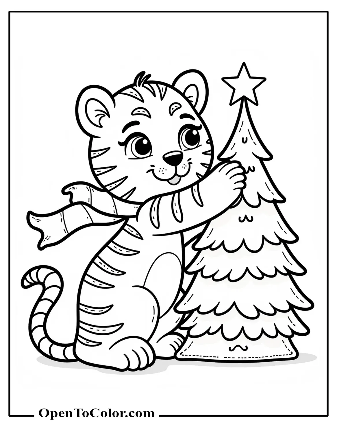 Printable Christmas Tiger Coloring Page Wearing A Scarf Placing A Star On A Tree