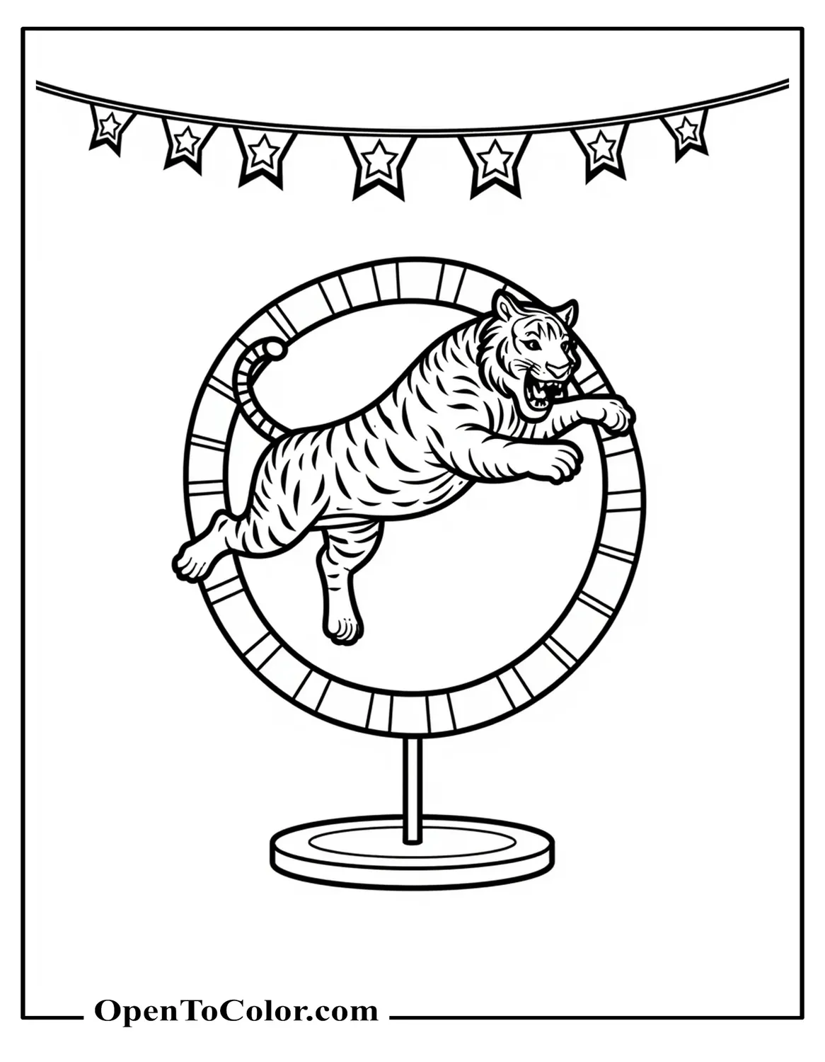 Circus tiger jumping through a hoop on a stand, star bunting above, coloring sheet PDF.