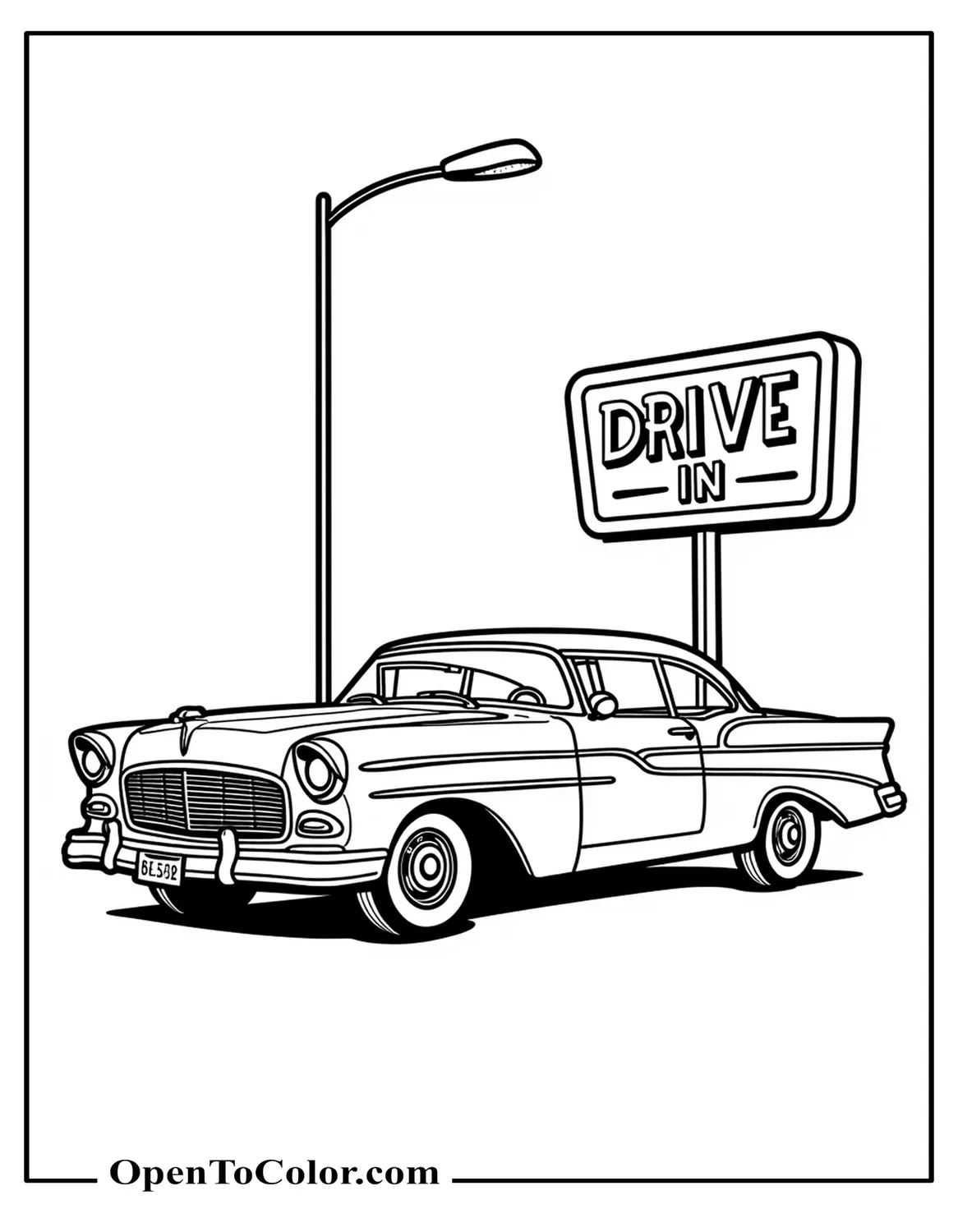 Free Coloring Page of a Finned Classic Coupe Parked by a Retro Drive-In Sign and a Streetlamp