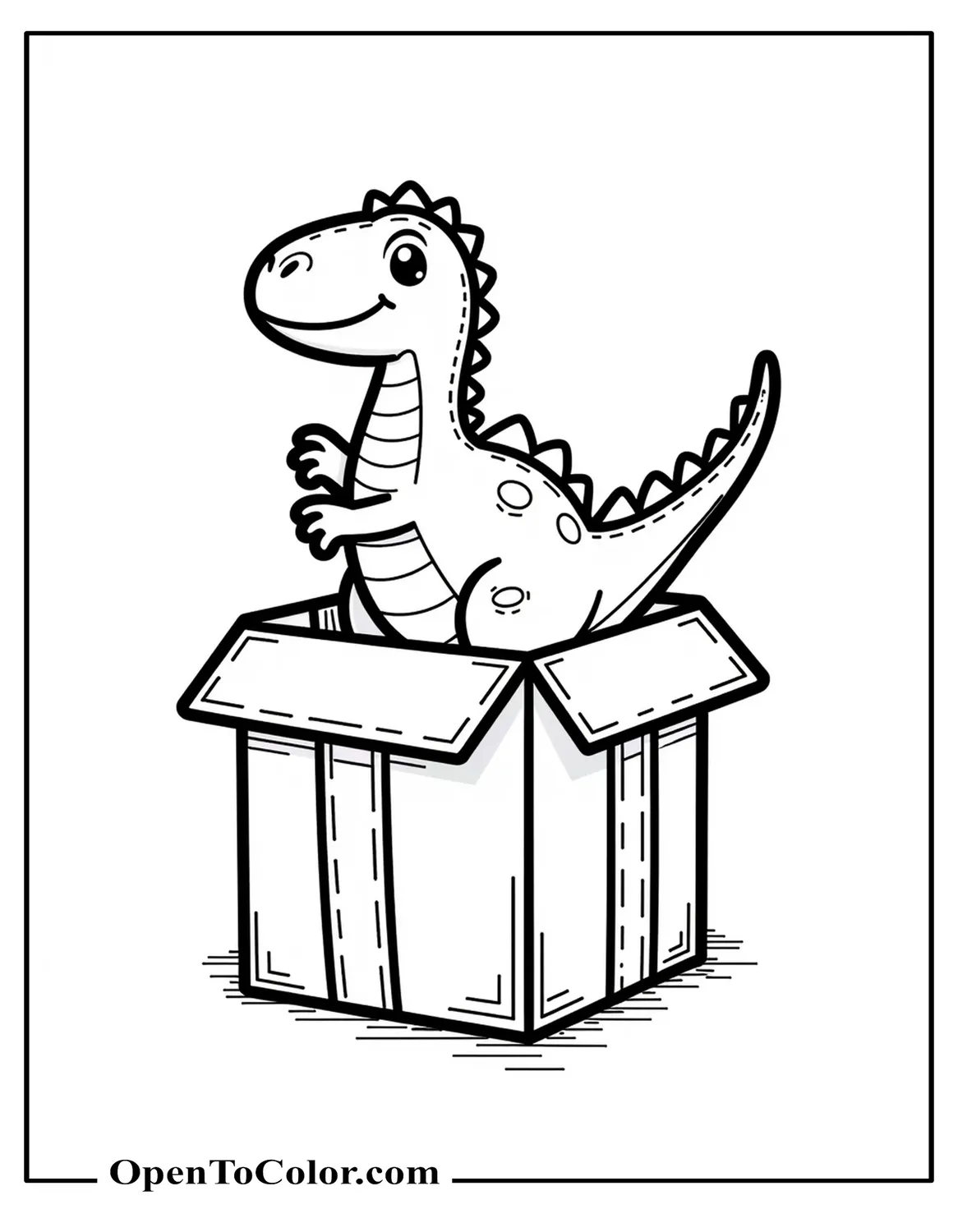Free Coloring Sheet of a Folded Birthday Card Cover With a Dinosaur Popping From a Gift Box
