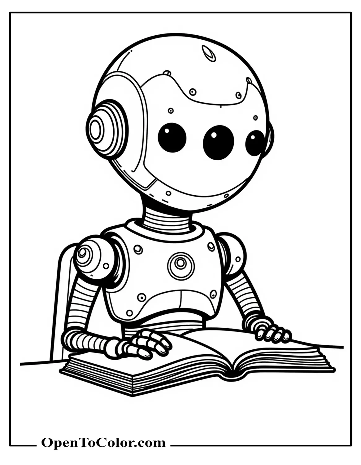 Printable Coloring Page of Robot with 3 Eyes Sitting at Desk Reading an Open Book