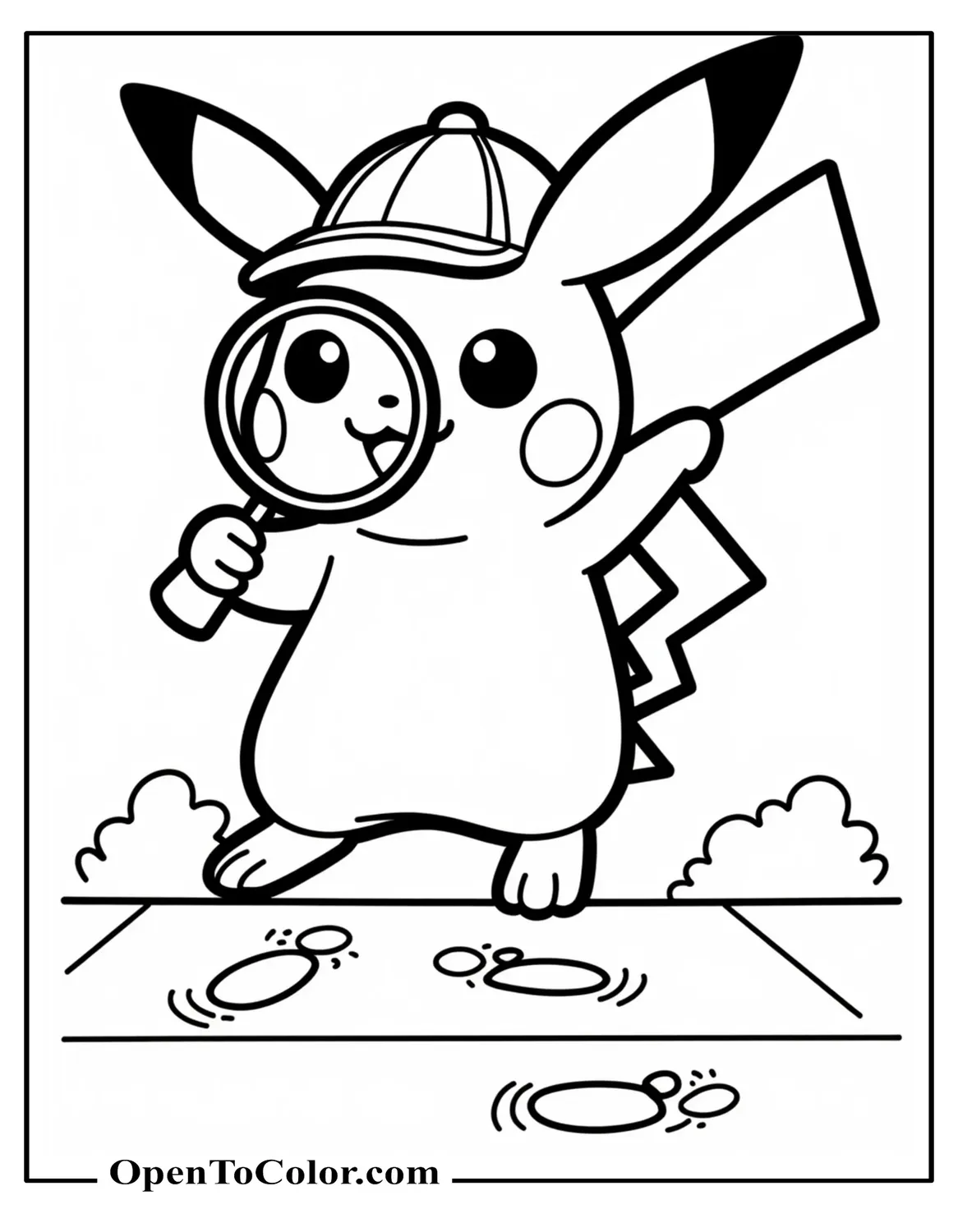 Detective Pikachu holding a magnifying glass over footprints on a sidewalk coloring page printable.