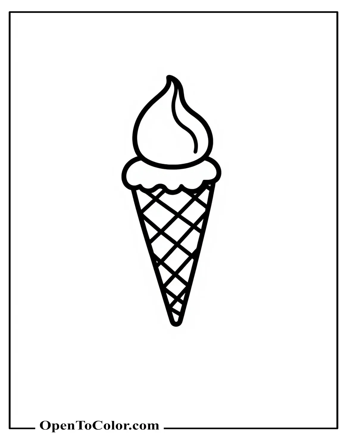 Rectangular coloring page PDF icon featuring a bold outline of an ice cream cone