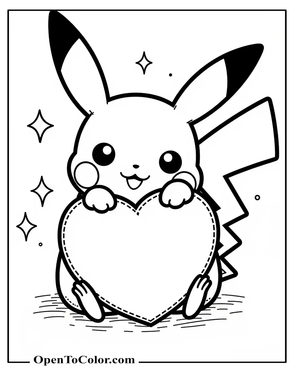 Free Coloring Sheet of Pikachu Hugging a Heart Pillow with a Shy Smile and Sparkles Around
