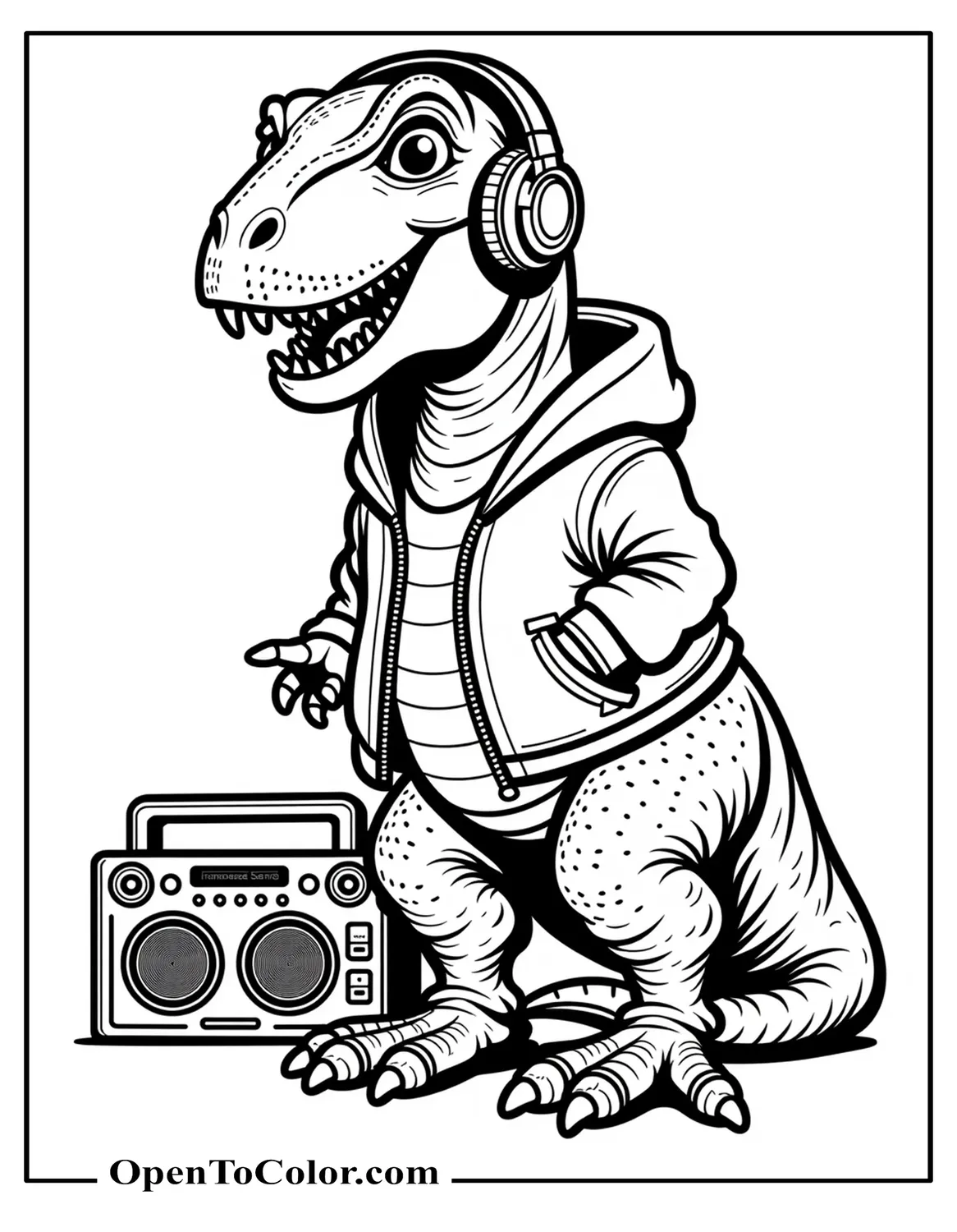 Free Coloring Sheet of a Cool Raptor Wearing a Jacket and Headphones Beside a Boombox