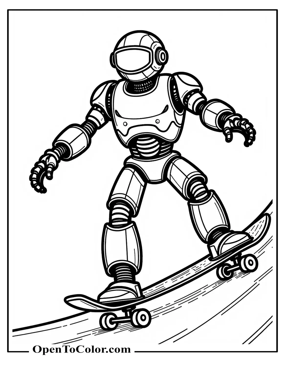 Cool Robot Wearing Futuristic Visor Skateboarding Down A Ramp Coloring Sheet PDF