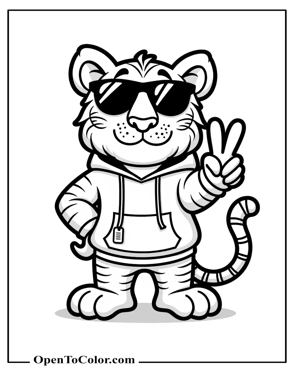 Printable coloring page of a cool tiger wearing sunglasses and a hoodie, peace sign.