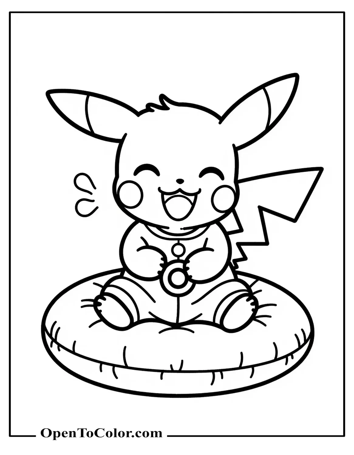 Printable Coloring Sheet of Baby Pikachu Giggling in a Onesie Sitting on a Cushion with a Rattle