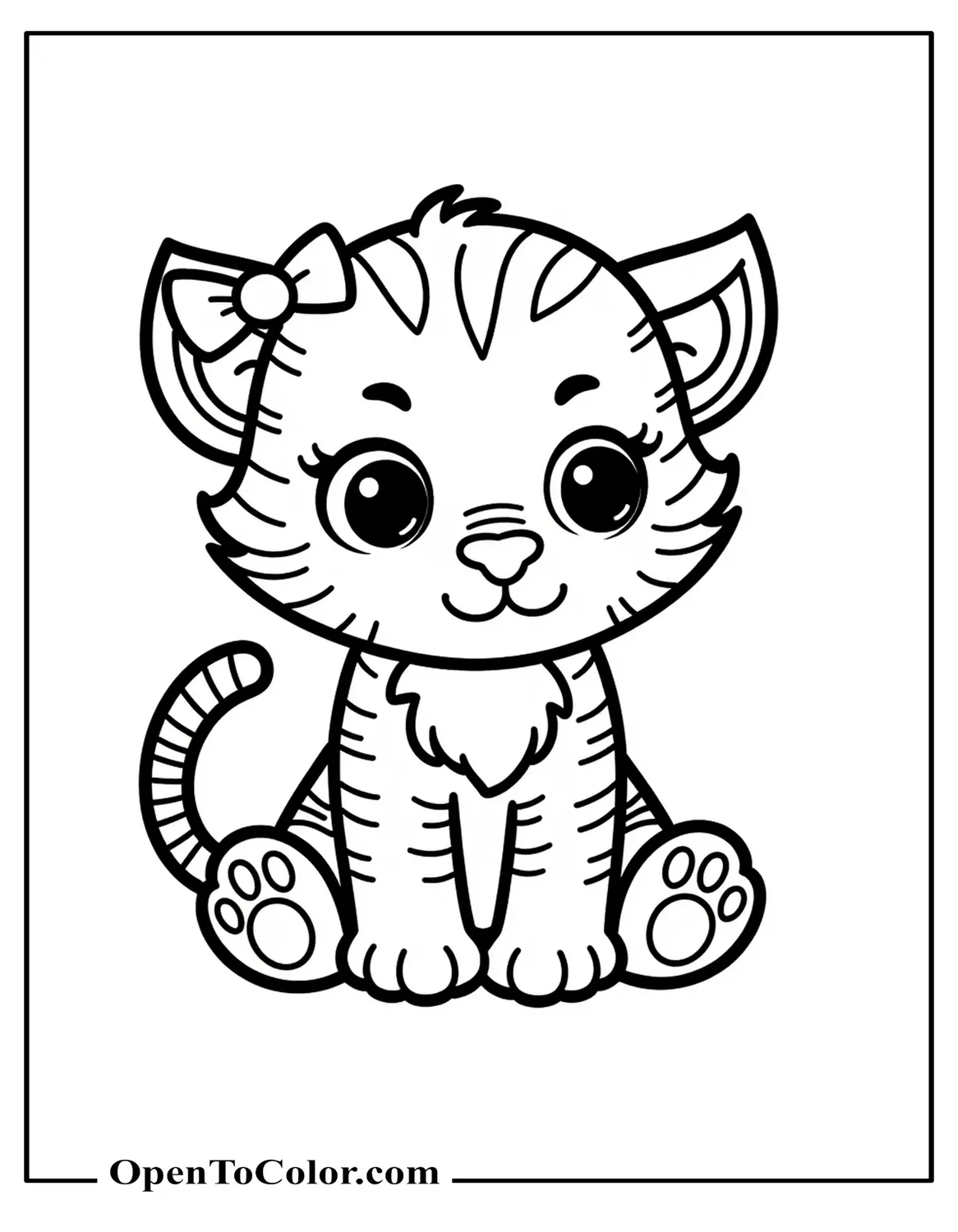 Cute baby tiger coloring sheet PDF sitting with a bow on its ear and tiny paws up