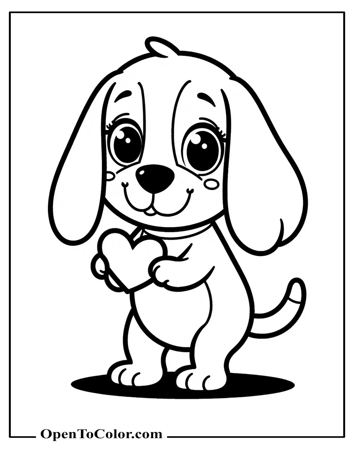 Cute chibi beagle coloring sheet PDF with oversized head and big eyes holding a small heart-shaped tag