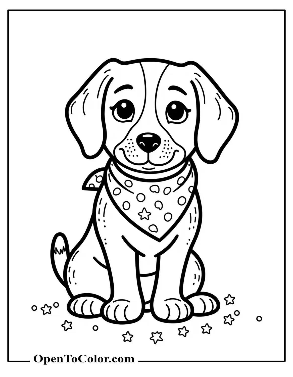 Beagle wearing a polka-dot bandana sitting proudly with small star confetti around, coloring sheet PDF.