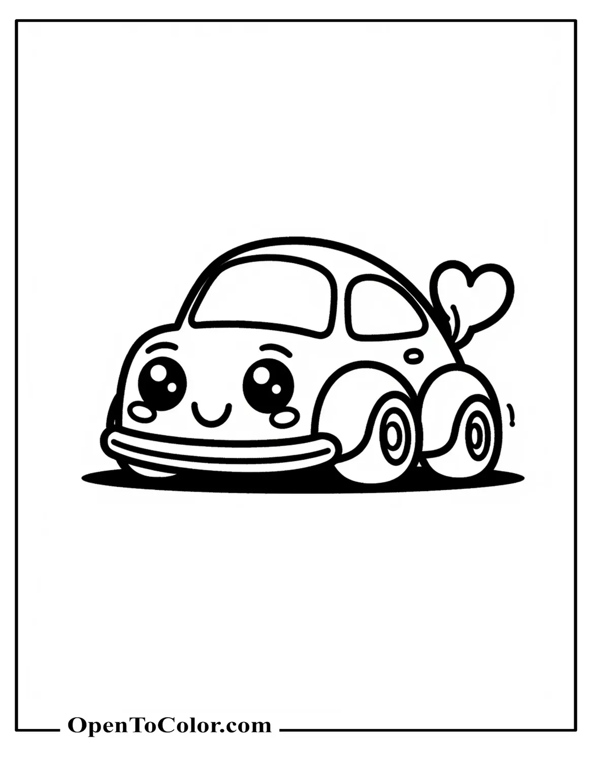 Free Kawaii Chibi Mini Car Coloring Page With Big Eyes And A Heart-Shaped Exhaust Puff