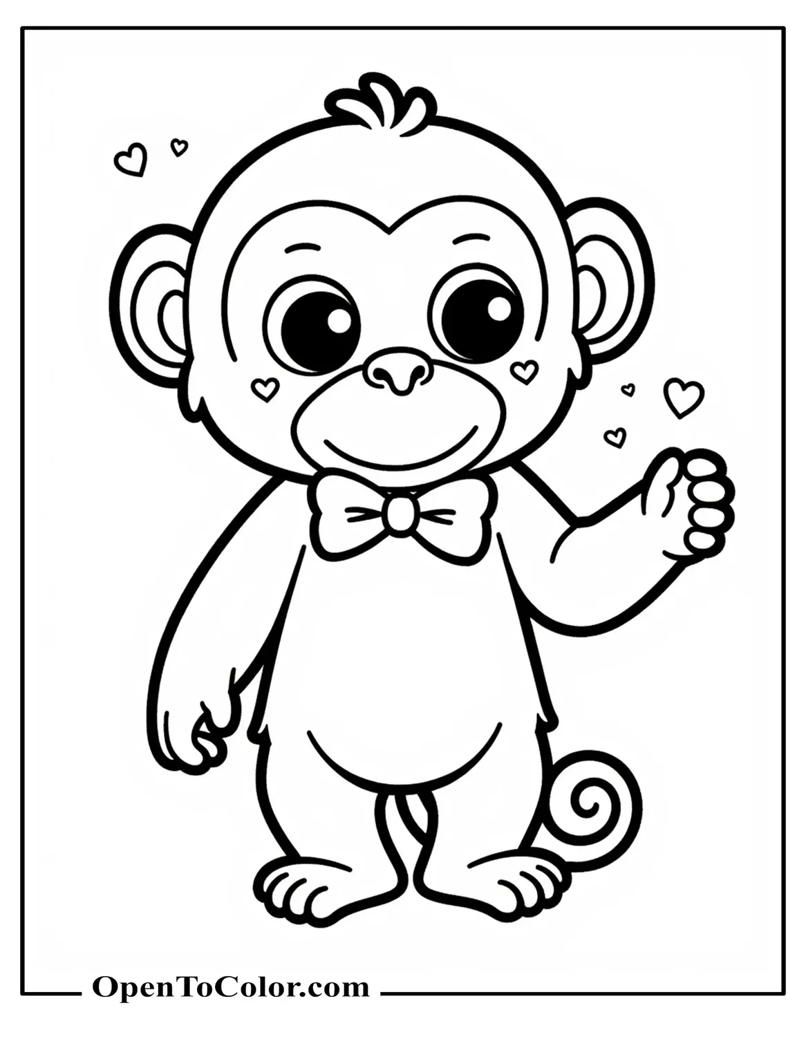 Sanrio style cute chimpanzee coloring sheet PDF with big eyes wearing a bow tie, tiny hearts