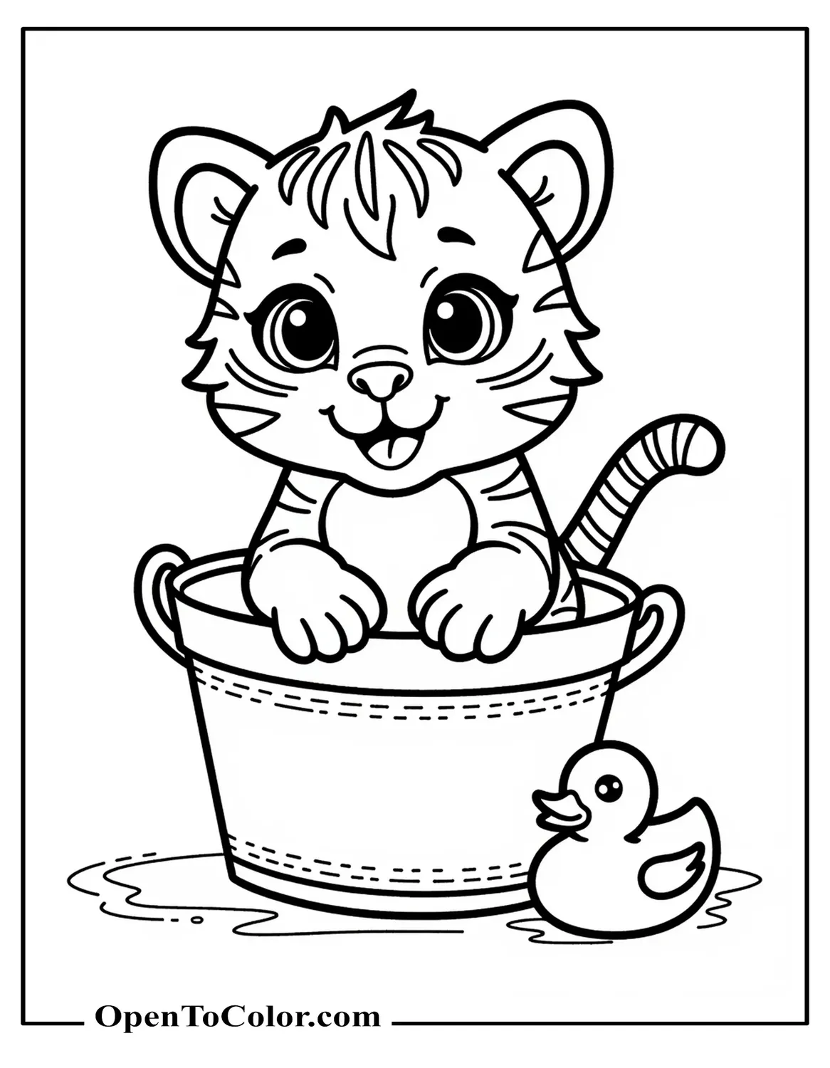 Baby Tiger Sitting In A Bucket With Rubber Duck Beside, Coloring Page PDF