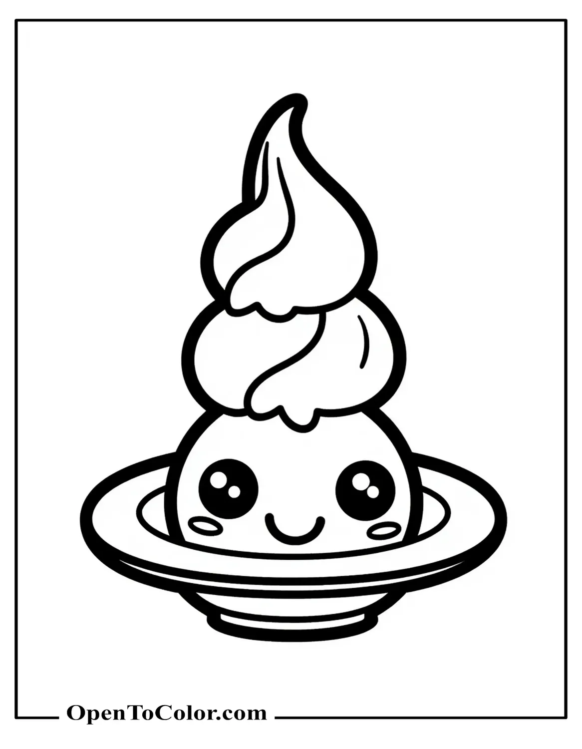 Kawaii Ice Cream Scoop On A Tiny Plate With Big Eyes Coloring Sheet PDF