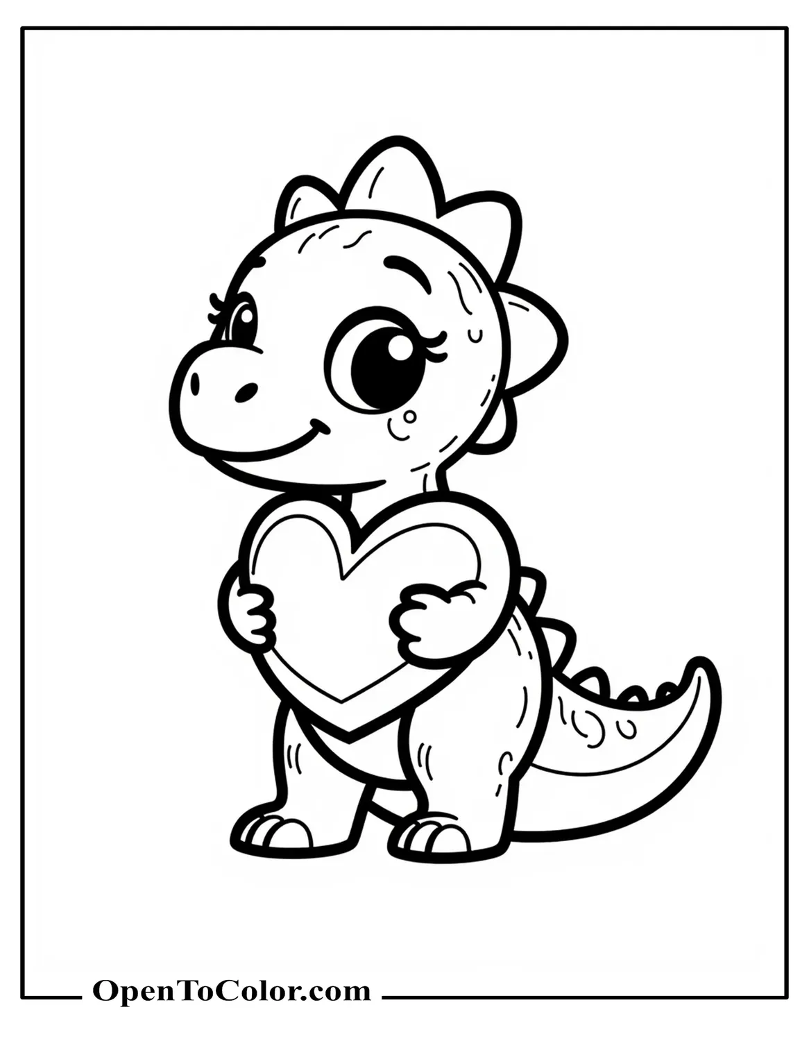 Kawaii Brontosaurus Coloring Page PDF With Big Eyes Holding A Heart Pillow