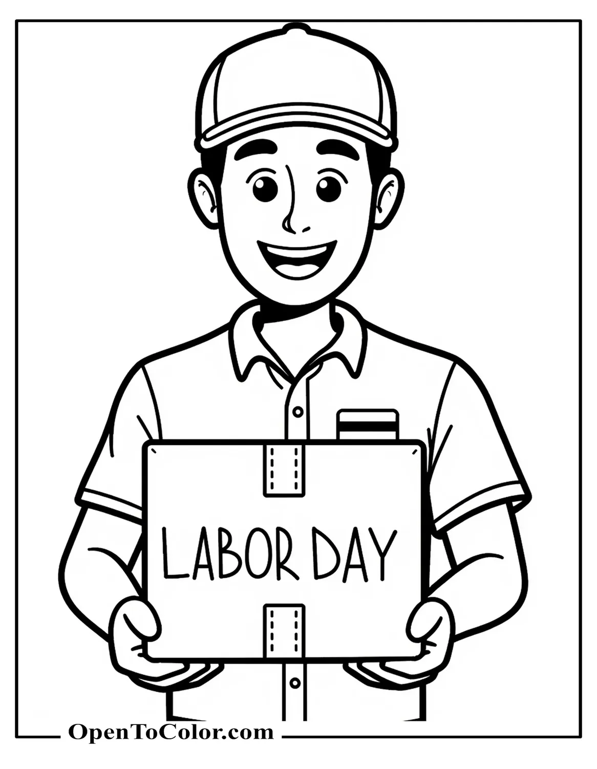 Delivery driver holding a package labeled “Labor Day” coloring sheet PDF.
