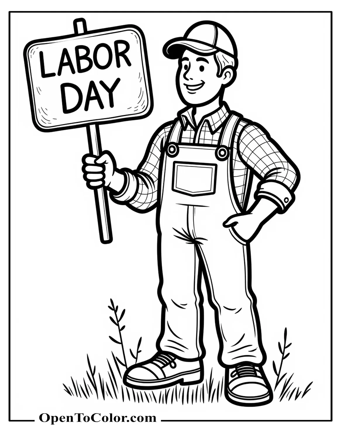 Farmer Holding a Cheerful “Labor Day” Sign Coloring Page Printable