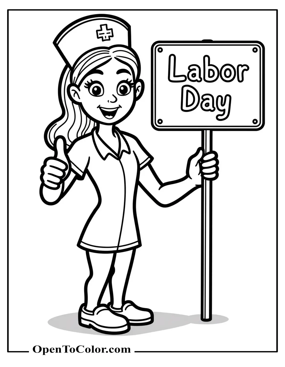 Friendly Nurse Giving A Thumbs-Up Beside A “Labor Day” Sign Coloring Sheet PDF